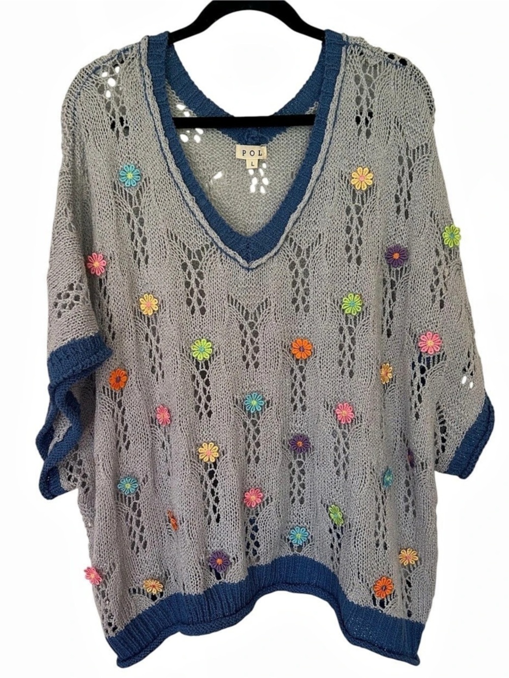 POL Clothing Floral Embroidered Crochet Knit Sweater Top Grey Size Large